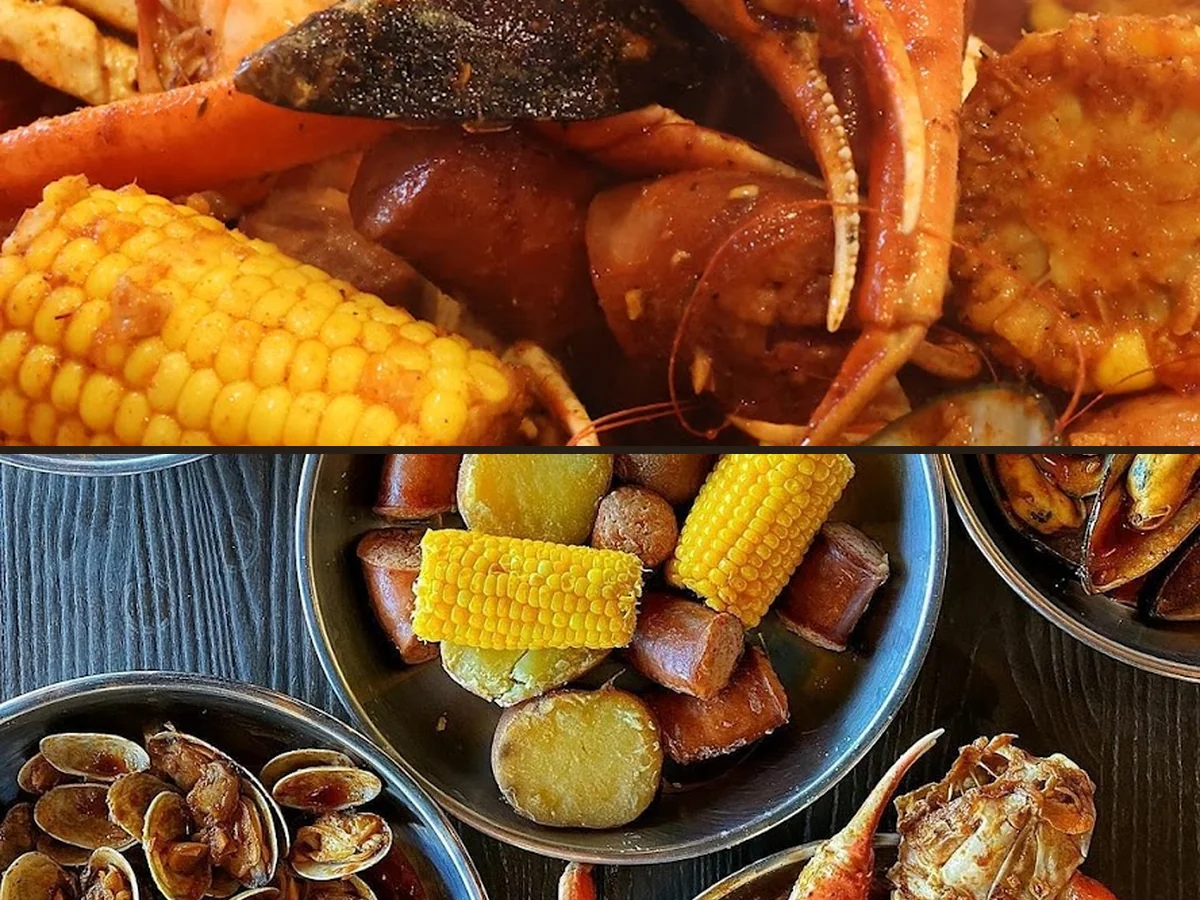 Sports bar seating beside Cajun dishes.