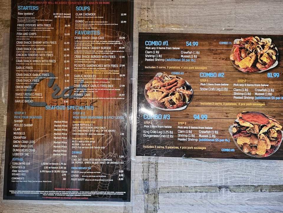 Printed menu showing starters and seafood specialties.